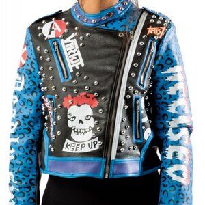 Azalea Wang Stud Moto Jacket Vegan Leather Blue with Graphics